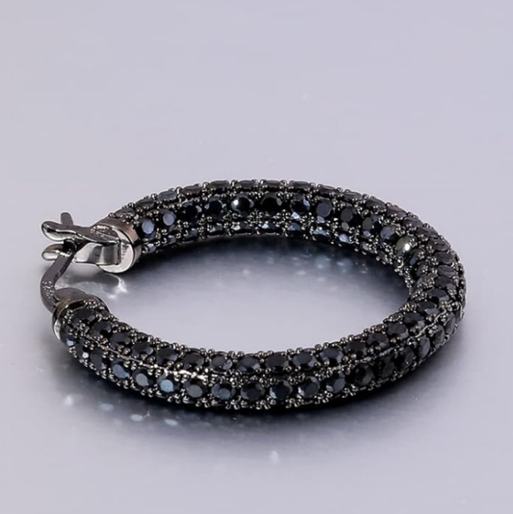 Black Pave Crystal Hoop Earrings Rhinestone Covered Blackened Metal Small Hoops - Picture 5 of 14